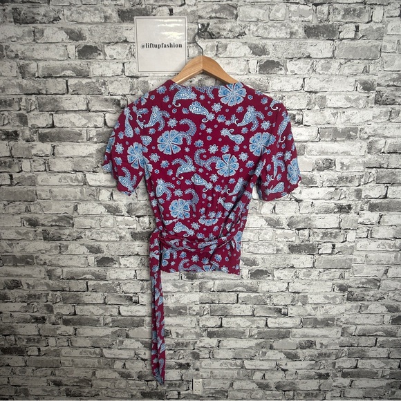EUC LOFT Burgundy and Blue Floral Wrap Blouse Size Small - Picture 7 of 16